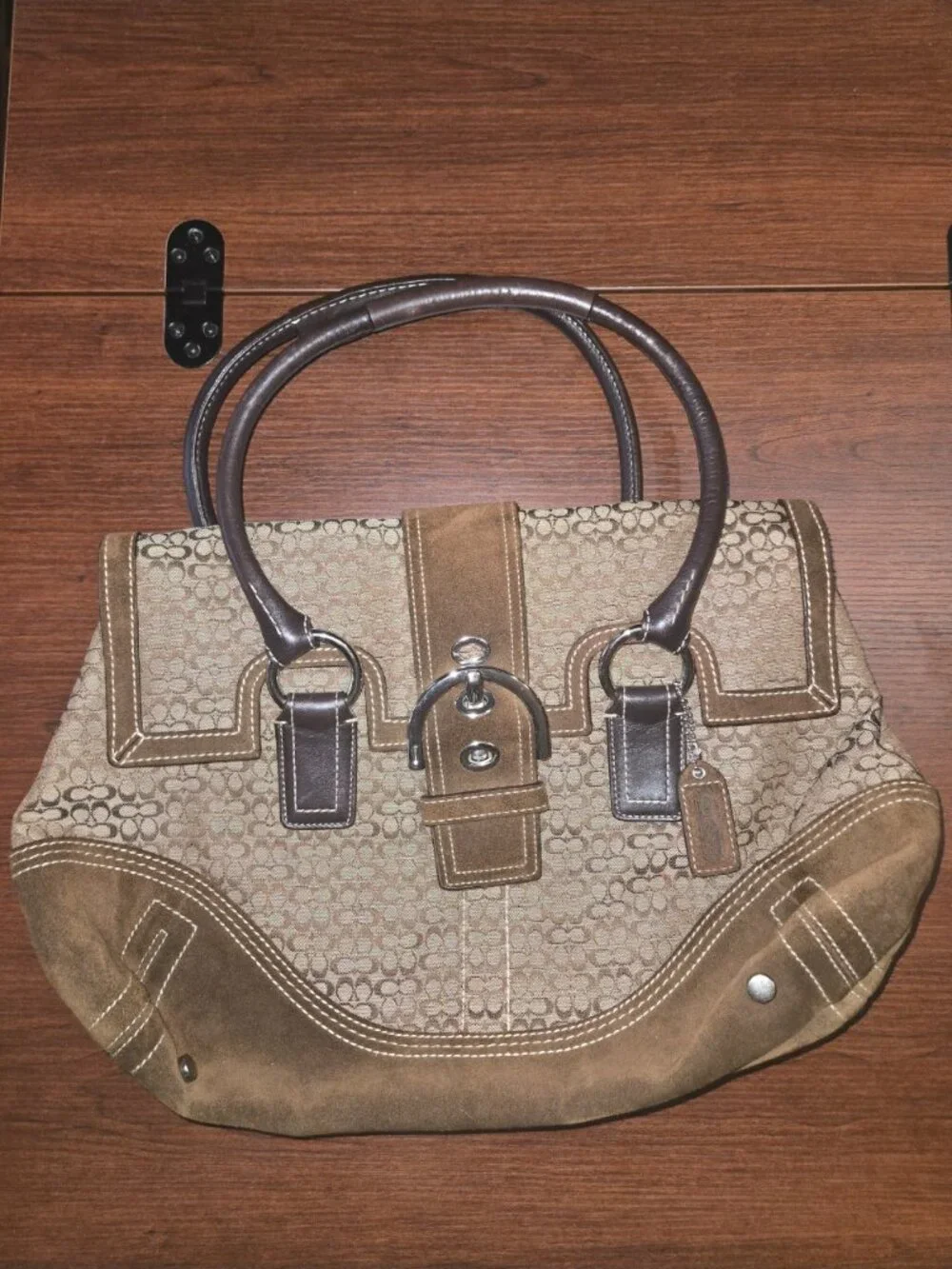 Vintage Coach Y2K Soho Signature Canvas & Brown Suede Buckle Flap Satchel 3648